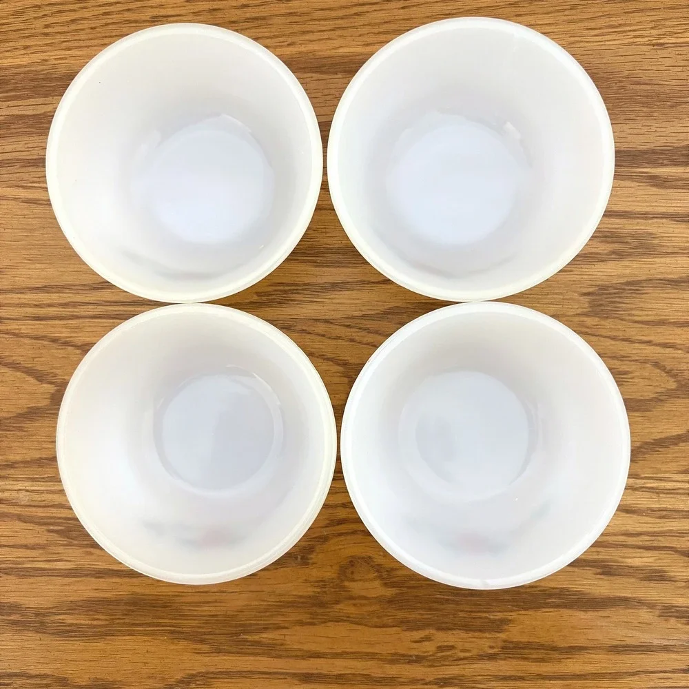 Vintage Glasbake Primrose Milk Glass Custard Bowls Set of 4 White Floral MCM‎